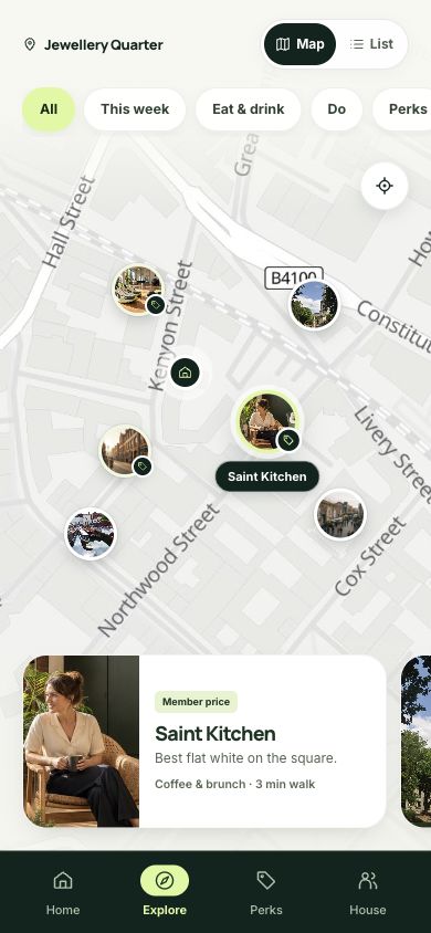 Co-liv’s neighbourhood map with places and walking distances