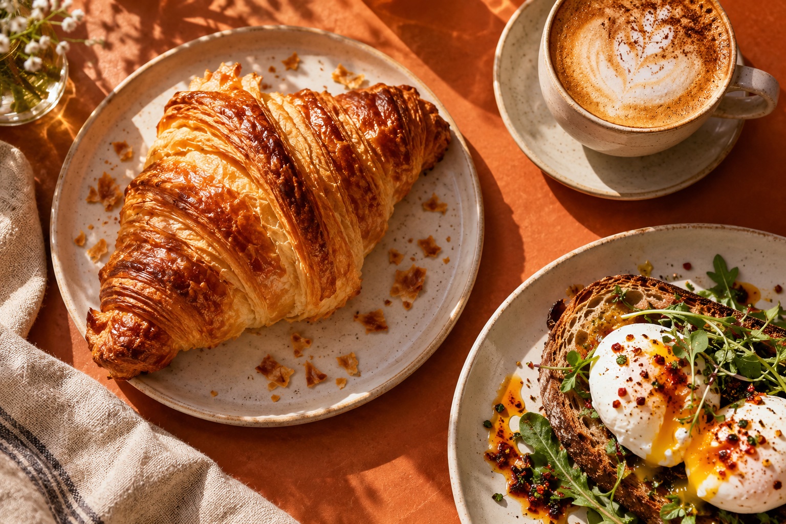 Croissants, coffee and brunch on a sunlit table