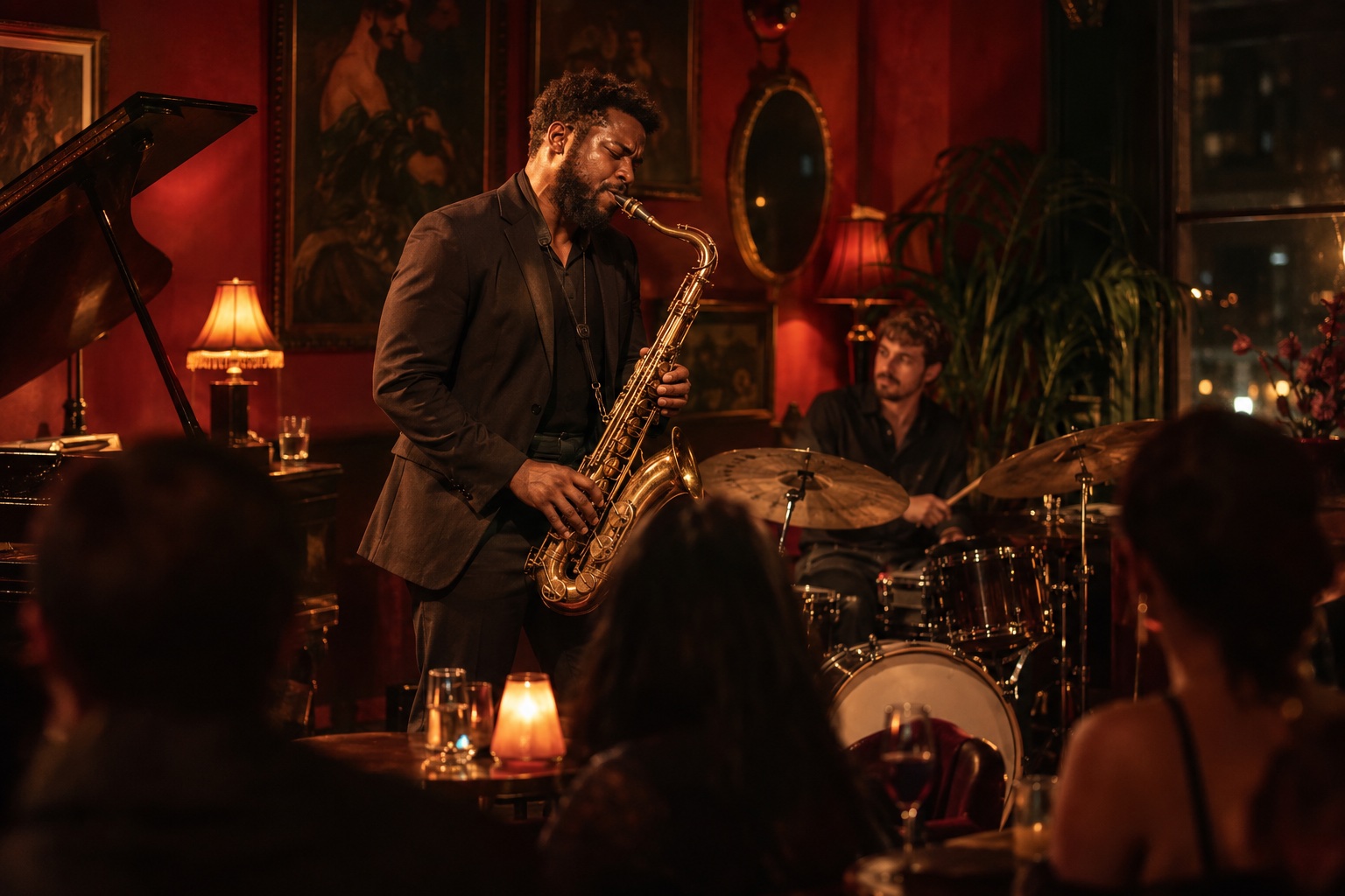 A saxophonist playing in a warmly lit neighbourhood bar